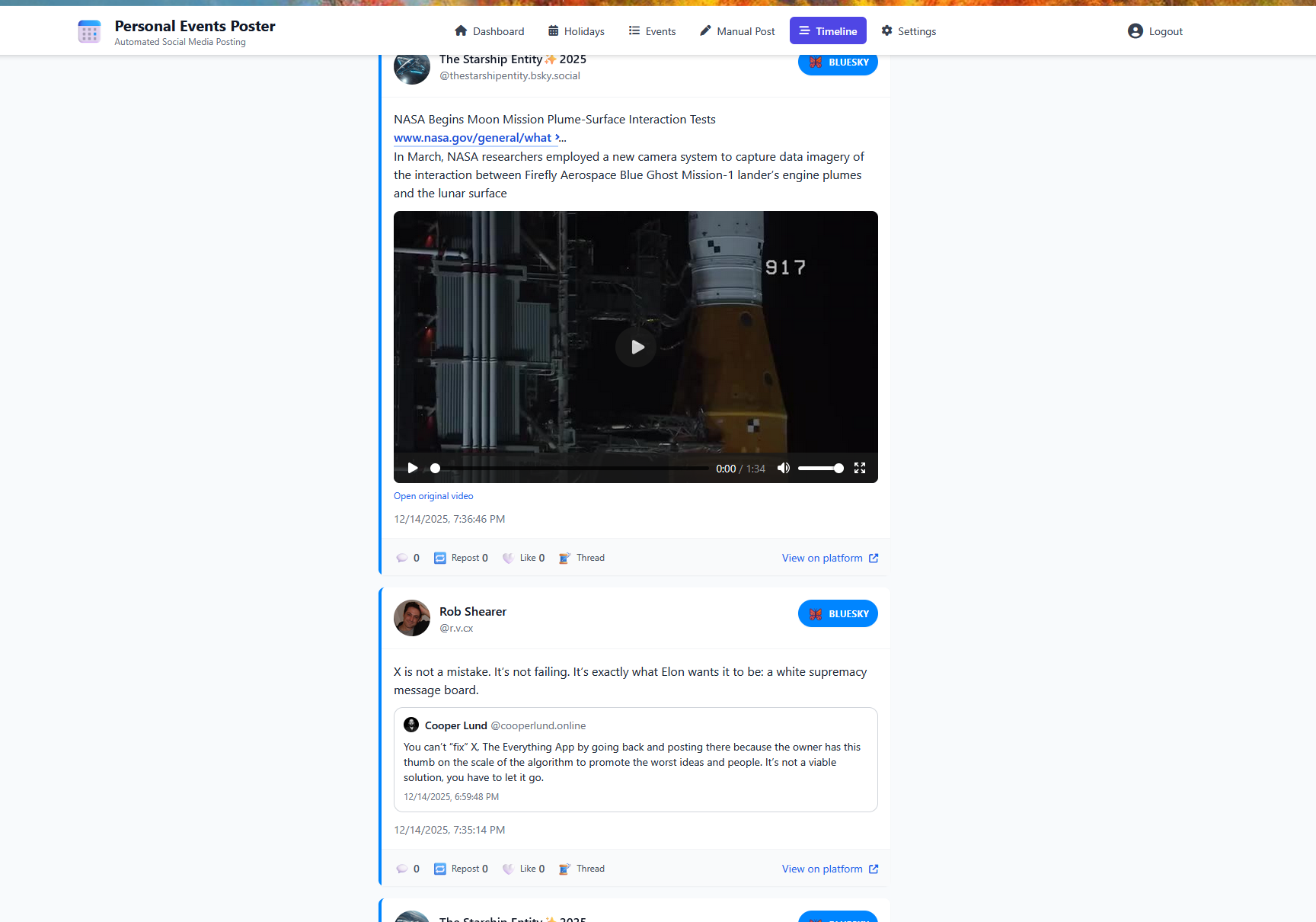 A screenshot of a social media dashboard interface titled "Personal Events Poster" showing a post from "The Starship Entity ✨ 2025" about NASA's Moon Mission Plume-Surface Interaction Tests. The post includes a link to a NASA article and a thumbnail of a video featuring a spacecraft engine test setup. Below this post are comments from other users discussing unrelated topics.