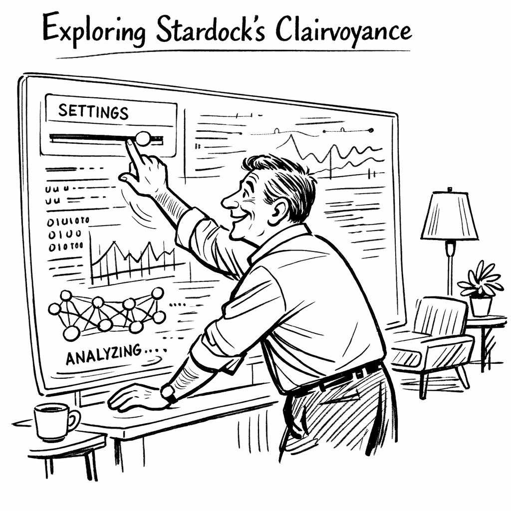 A black-and-white illustration titled "Exploring Stardock's Clairvoyance" shows a man smiling and adjusting a slider labeled "SETTINGS" on a large transparent screen filled with graphs, charts, binary code, and a neural network diagram with the word "ANALYZING" underneath. The man is standing at a desk with a coffee cup on a side table nearby. In the background, there is a cozy room setting with an armchair, a side table with a potted plant, and a floor lamp.