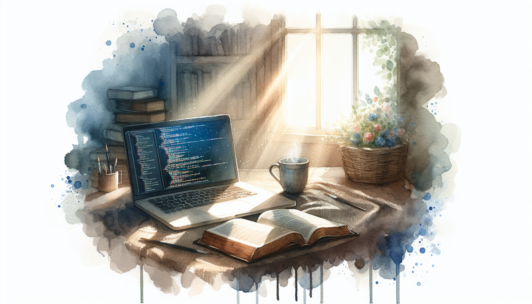 A serene watercolor illustration of a cozy workspace by a window, featuring a laptop displaying code, an open book, a steaming mug, and a potted plant, all bathed in warm sunlight streaming through the window. The artwork combines realistic elements with abstract watercolor splashes.
