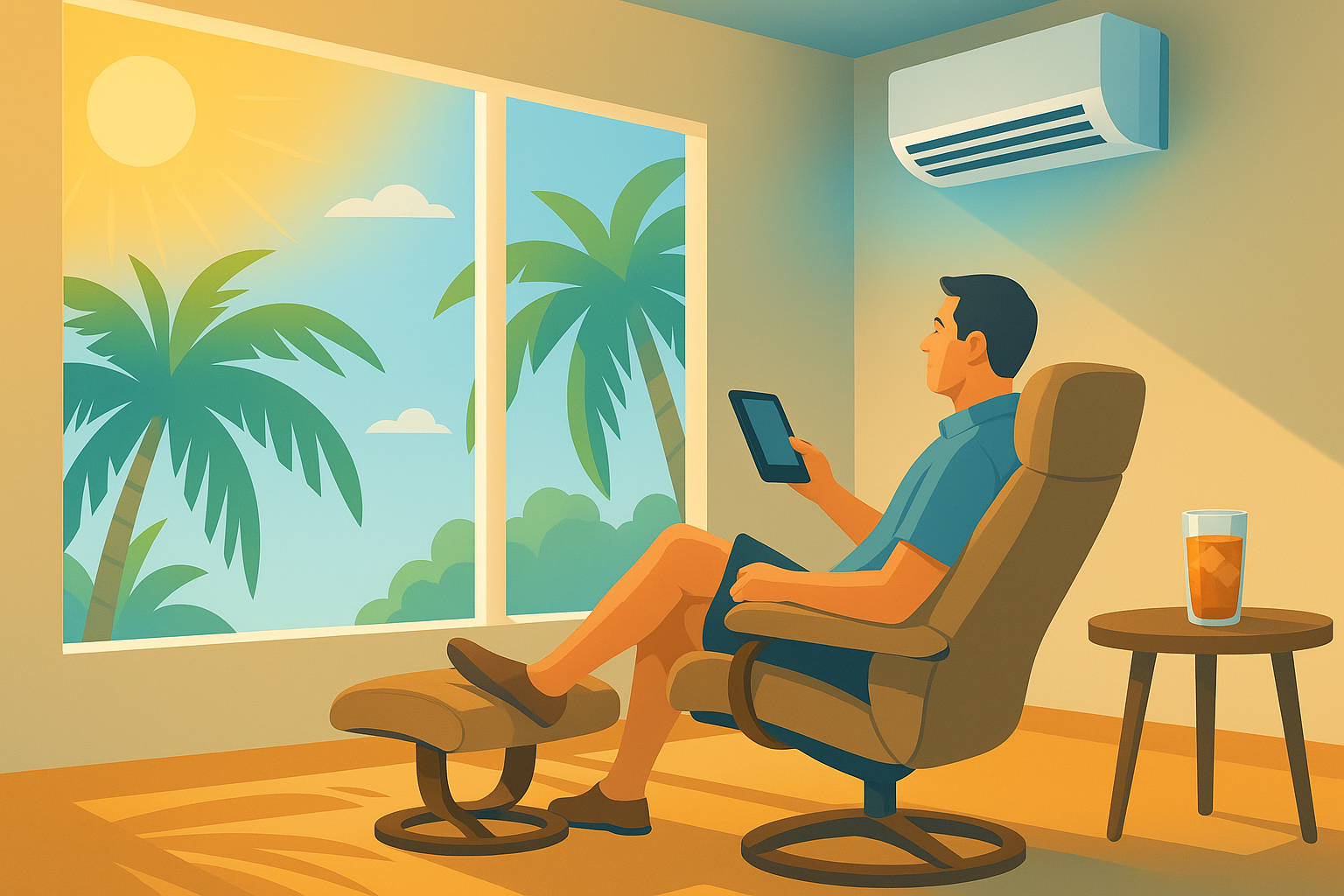  Illustration of a man in a recliner reading a tablet; sunlit palm trees outside a large window, mini-split A/C on the wall, and an iced tea on a side table.