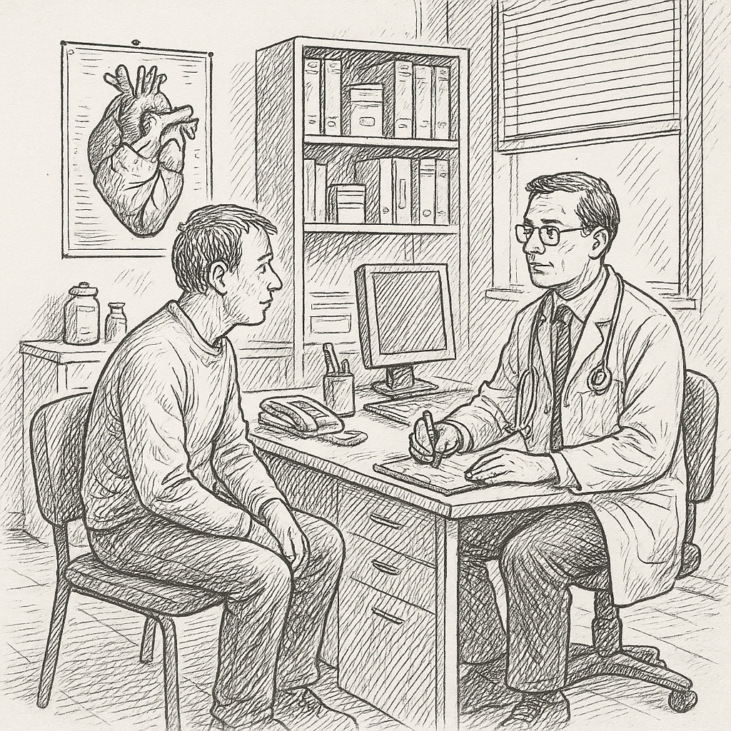 Black-and-white hand-drawn illustration of a doctor’s office, showing a doctor with a stethoscope seated at a desk, attentively listening to a male patient. The office includes a computer, medical supplies, bookshelves, and an anatomical heart chart on the wall, all rendered in detailed pen-and-ink linework with subtle cross-hatching.